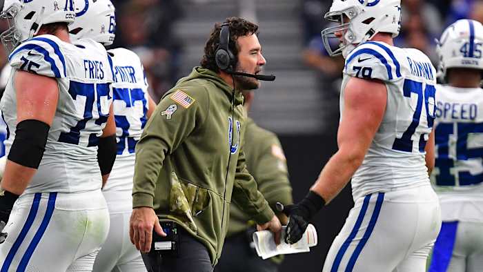 Nov 13, 2022; Paradise, Nevada, USA; Indianapolis Colts head coach Jeff Saturday greets offensive tackle Bernhard Raimann (79) after a field goal against the Las Vegas Raiders during the first half at Allegiant Stadium. Mandatory Credit: Gary A. Vasquez-USA TODAY Sports